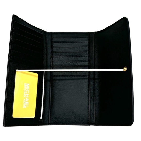 Michael Kors Large Trifold Wallet Black Leather Rich Black/Gold - Picture 6 of 8